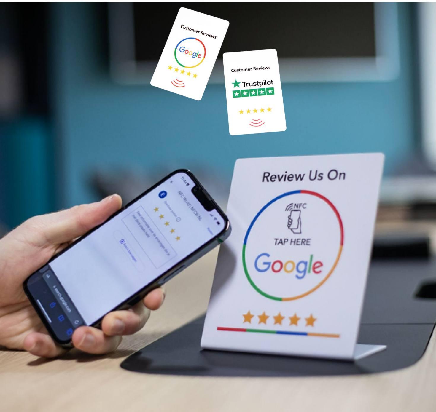 NFC review tap card on a counter display